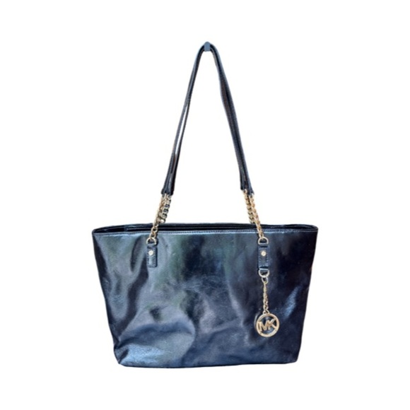 Michael Kors Black Jet Set Patent Leather Gold Chain Tote Purse Bag - Picture 1 of 12